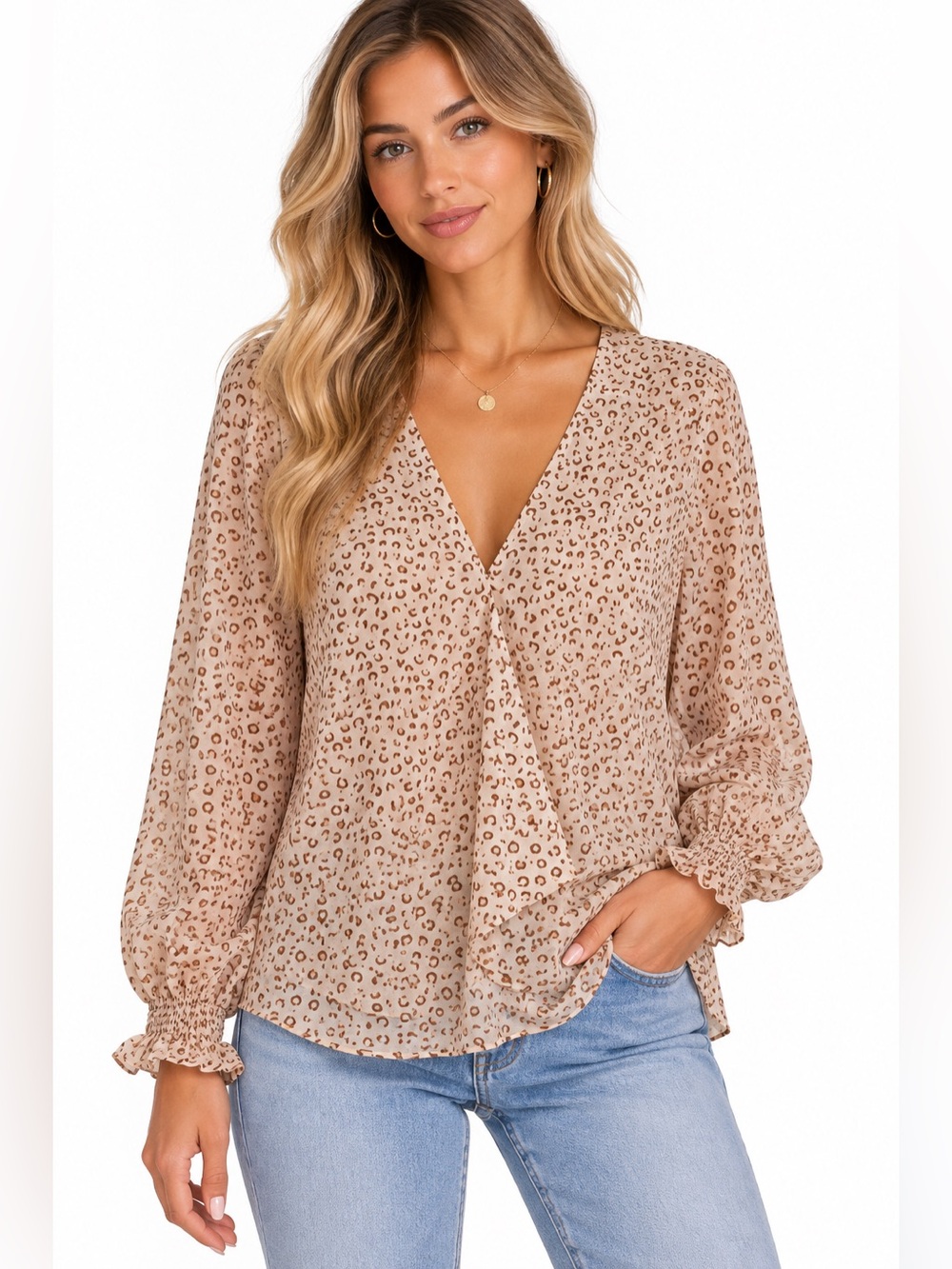 Entro Woven Leopard Print V-Neck Faux Wrap Blouse Beige Womens Size Small